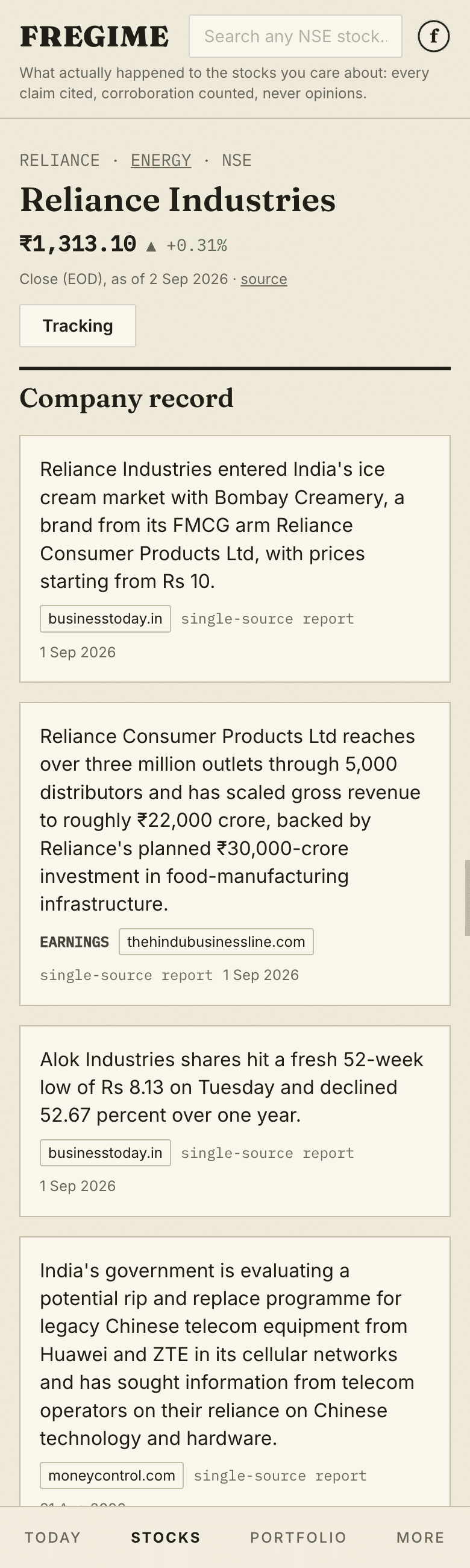 The Reliance Industries dossier with cited close, Track control, and company record