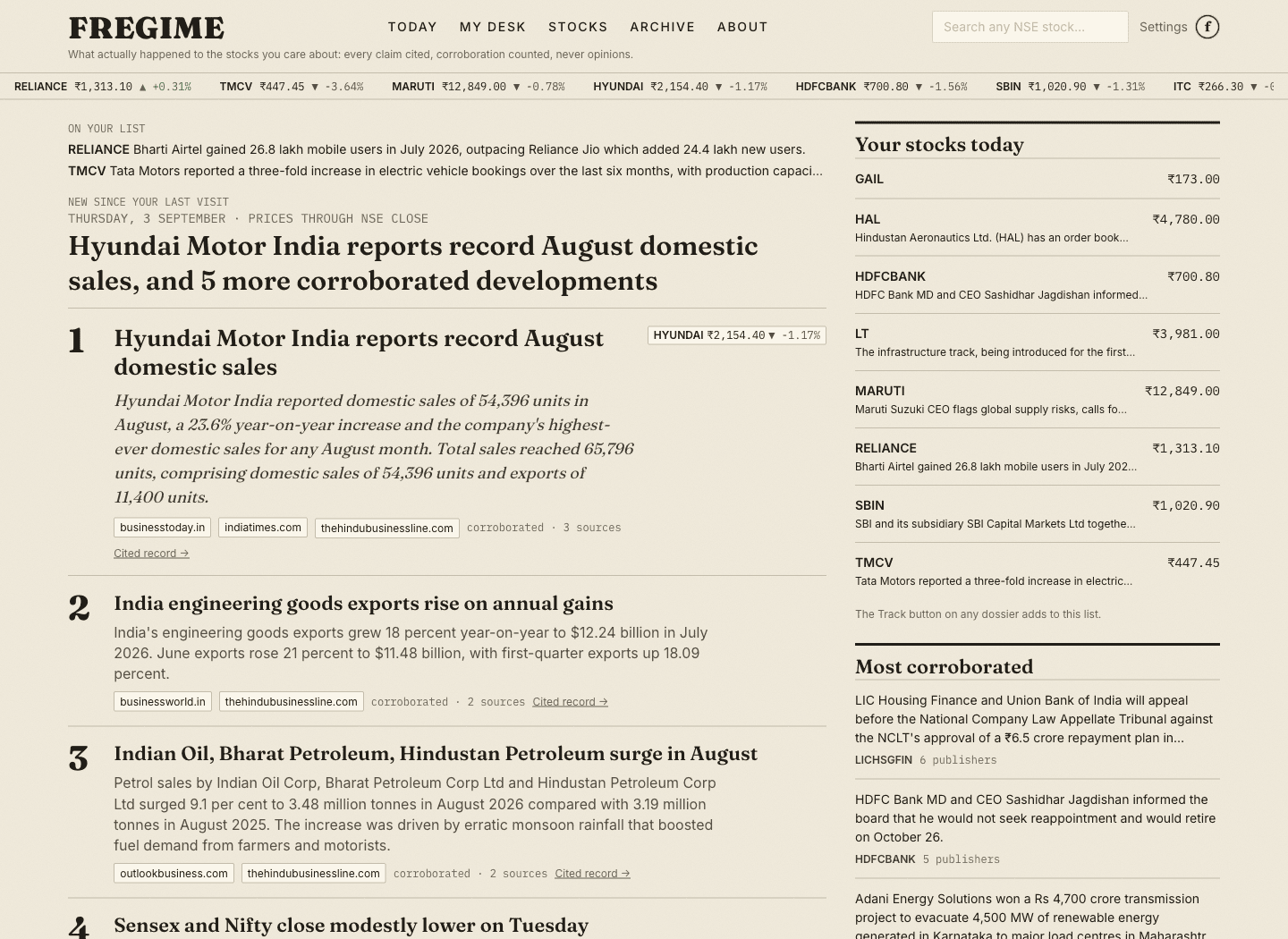 The morning edition with masthead, ticker strip, and ranked cited stories