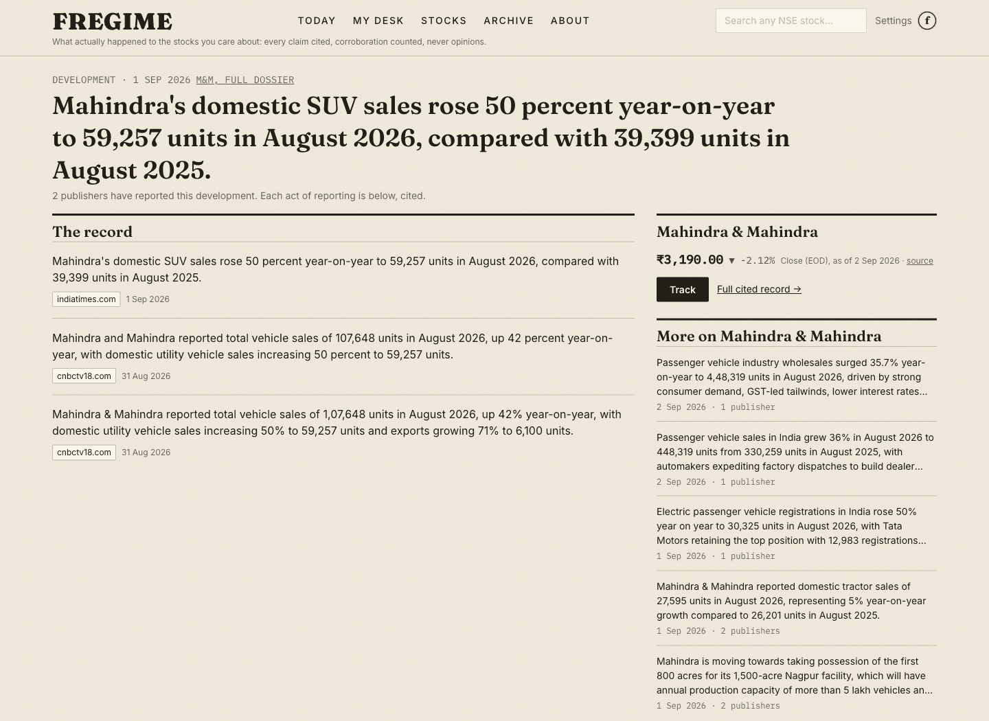 A story page listing each publisher report with dates and the company block