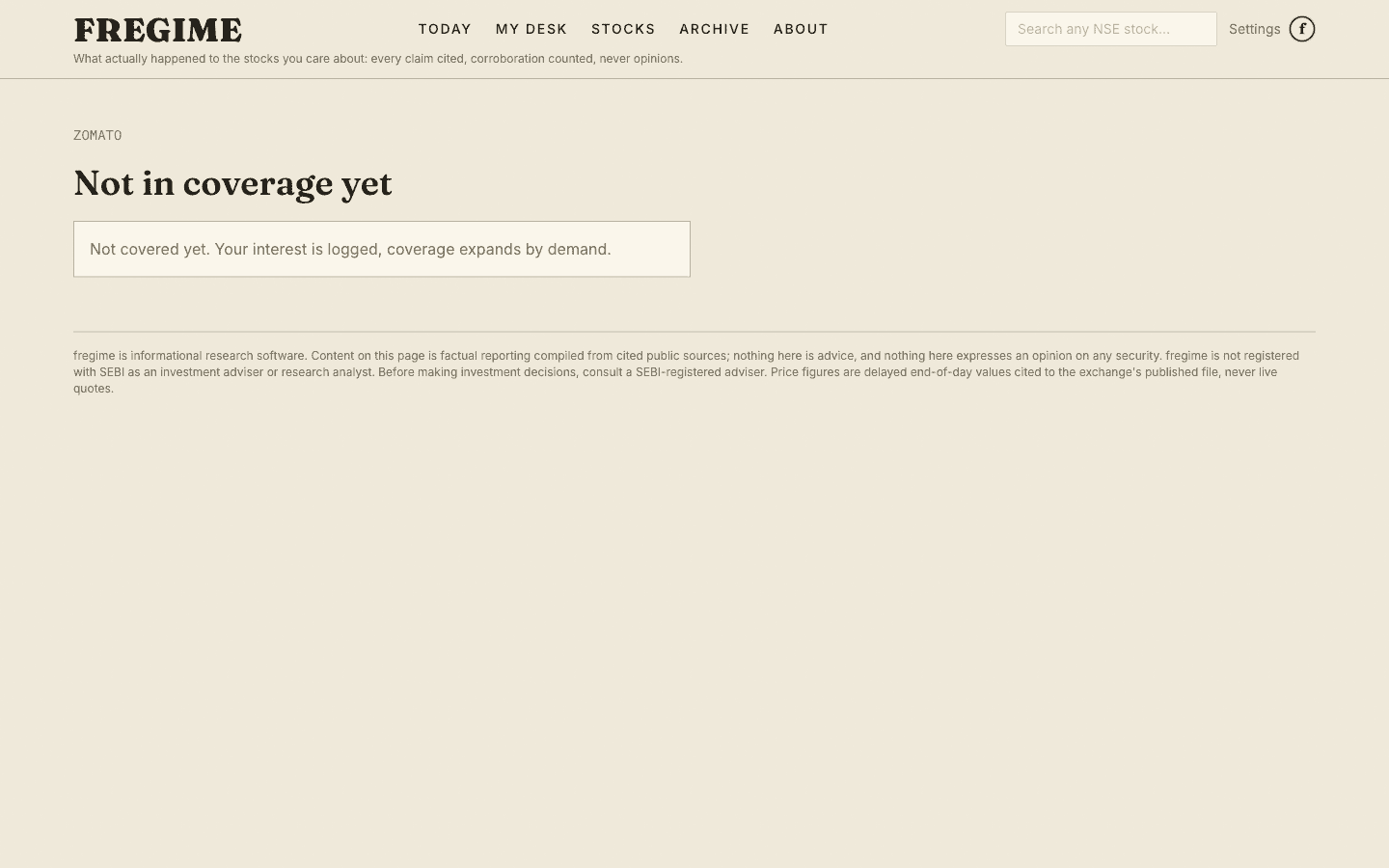 An uncovered symbol page stating plainly that the stock is not in coverage yet
