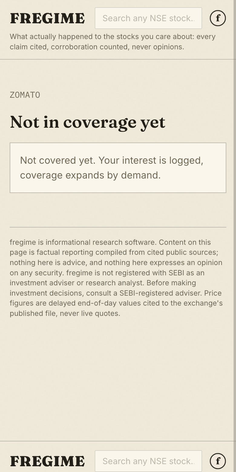 An uncovered symbol page stating plainly that the stock is not in coverage yet